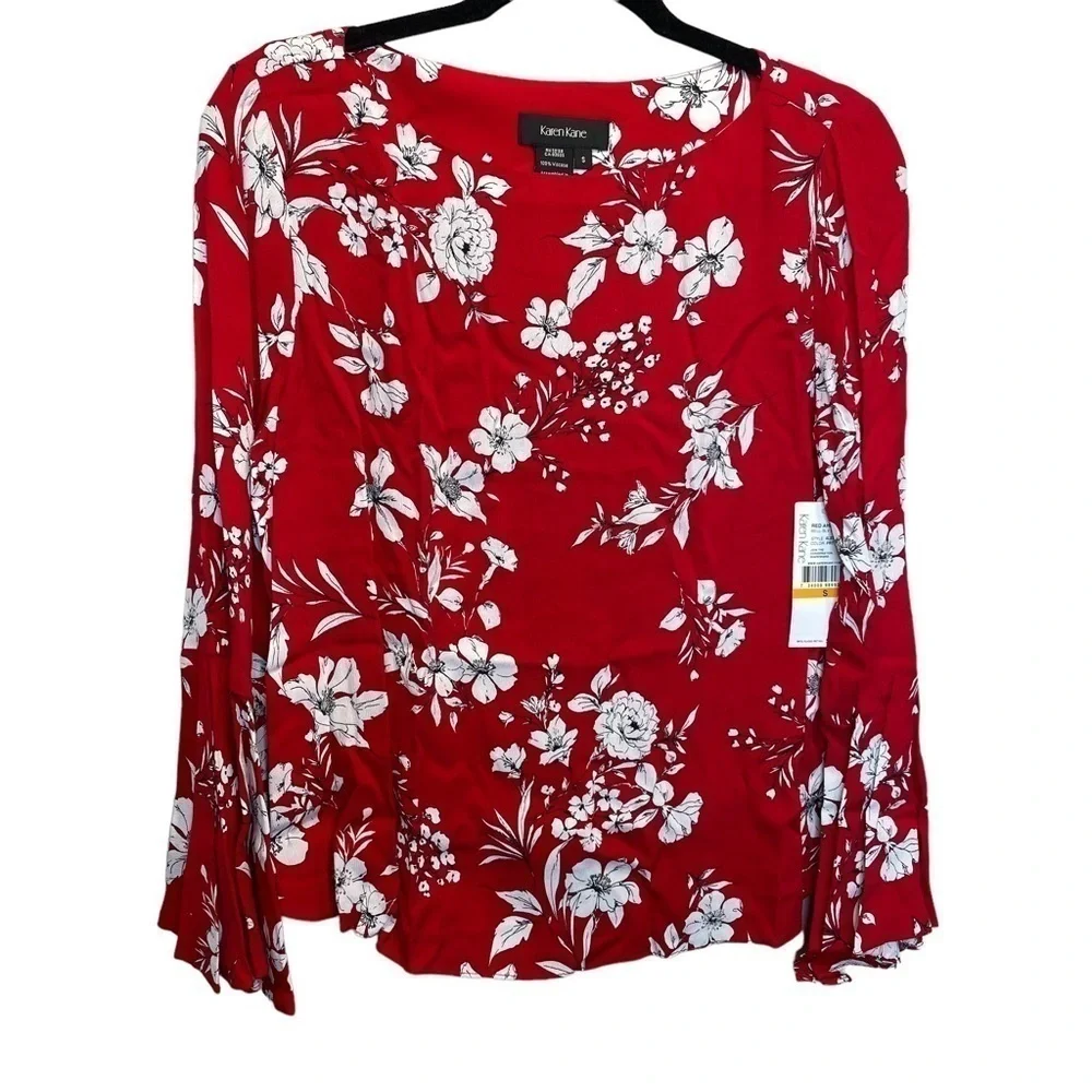 Karen Kane Printed Viscose Bell Sleeve Top in Red Ahead Small New - Picture 2 of 7